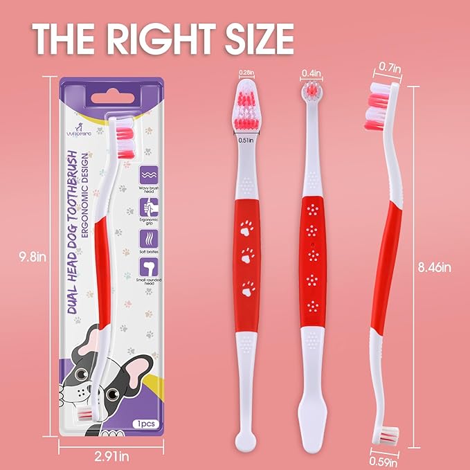 Dog Toothbrush – Newly Upgraded Dual-Head Design with 60° Wavy Bristles – Gently Surrounds Teeth for Deep Cleaning and Plaque Removal – Non-Slip Handle, Ideal for Daily Pet Dental Care (Red, 2-Pack)