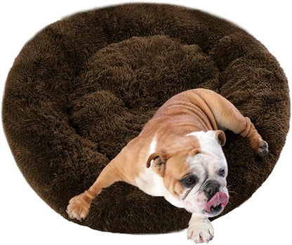 BODISEINT Faux Fur Dog Bed, Shag Round Anti-Anxiety Pet Calming Doughnut Cuddler for Medium Large Puppy Dog Cat Kennel Cushion Self Warming Bed (28'' D x 8'' H, Chocolate)