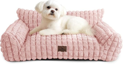 Cute Small Dog Couch Bed – Supportive & Fluffy Pet Sofa with Faux Rabbit Fur Washable Cover in 3D Diamond Pattern, 30" Pink