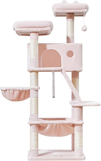Taoqimiao Cat Tree 57.5-Inch, Cat Tower for Indoor Cats Large Adult, Extra Large Cat Condo, 8 Sisal Scratching Posts, Metal Frame Cozy Hammock, Durable Scratch Board, 2 Top Perches, Jelly Pink MS026P