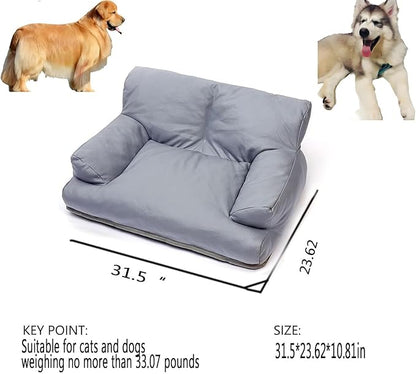 Pet Sofa Bed, Vintage Cat Dog Faux Leather Sofa with Non-Slip Bottom for Dogs Cats (Grey, Large)