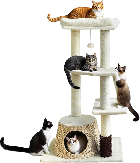 43.6” Rattan Cat Tree Tower with Woven Cat House, Multi-Level Condo & Scratching Posts - Sisal Poles, Grooming Brush, Plush Perch & Dangling Toy, Stylish Cat Furniture for Indoor Cats