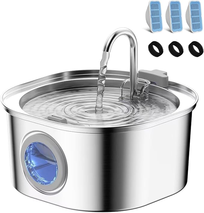 PEKTACO Cat Water Fountain, Pet Water Fountain for Cats/Dogs Indoor, Stainless Steel Cat Drinking Fountains with Water Level Window and 3 Filters + 3 Sponges(3.2L/108oz)