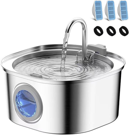 PEKTACO Cat Water Fountain, Pet Water Fountain for Cats/Dogs Indoor, Stainless Steel Cat Drinking Fountains with Water Level Window and 3 Filters + 3 Sponges(3.2L/108oz)