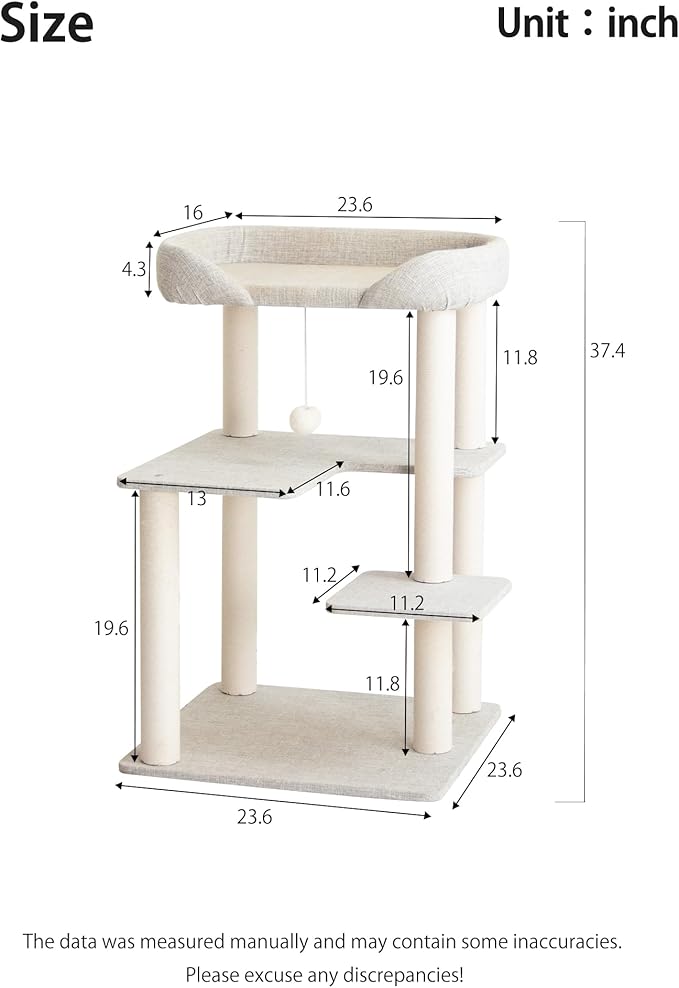 Cat Tree Tower Wooden 37.4''(95 cm), Large Cat Tree with Jump Platform & Play Ball for Indoor Cats, Ideal Cat's Climbing Frame & Playhouse (Linen Fabric Light Grey)