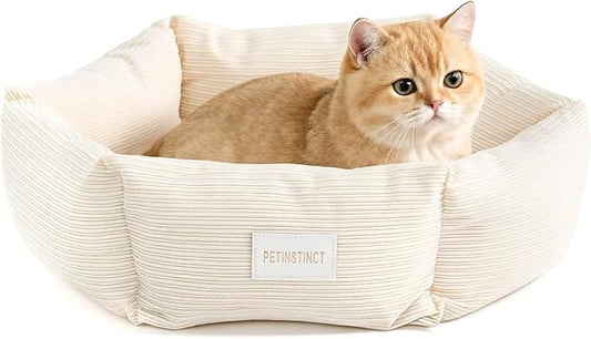 Petinstinct Cat Bed, 22 Inch Washable Corduroy Cat and Small Dog Bed with Removable Cover & Anti-Slip Bottom, Calming Comfort Pet Bed for Pets up to 15 lbs (Cream White)