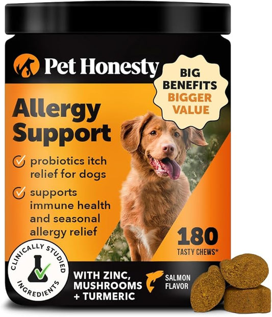 Pet Honesty Dog Allergy & Itch Relief - Advanced Itch Supplement with Probiotics for Dogs - Immune Support & Skin Relief for Seasonal Allergies - Natural Itchy Skin & Paw Relief - (Salmon, 180 Ct)