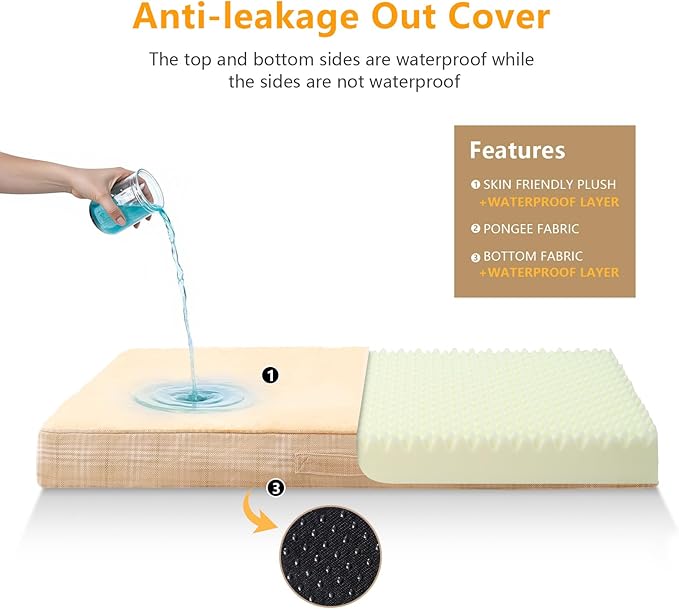 MIHIKK Washable Orthopedic Dog Bed for Large Dogs, L Waterproof Pet Bed with Egg Crate Foam Strong Support, Machine Washable Cover & Anti-Slip Bottom & Durable Zipper 35x22(Light Brown)