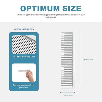 4.6 Inches Stainless Steel Pet Comb for Dogs & Cats, Metal Detangling Grooming Tool for Long & Short Haired Pets, Anti-Static Cat Comb with Rounded Teeth for Matted Fur Removal & Shedding Control