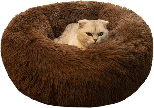 BODISEINT Modern Soft Plush Round Pet Bed for Cats or Small Dogs, Mini Medium Sized Dog Cat Bed Self Warming Autumn Winter Indoor Snooze Sleeping Cozy Kitty Teddy Kennel (20'' D x 8'' H, Chocolate)