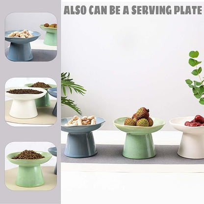 Extra Wide 6.1" Ceramic Raised Cat Food Bowl, Shallow Elevated Pet Feeder for Food Feeding, Anti Vomiting Whisker Fatigue Bowls for Cat Puppy, Blue