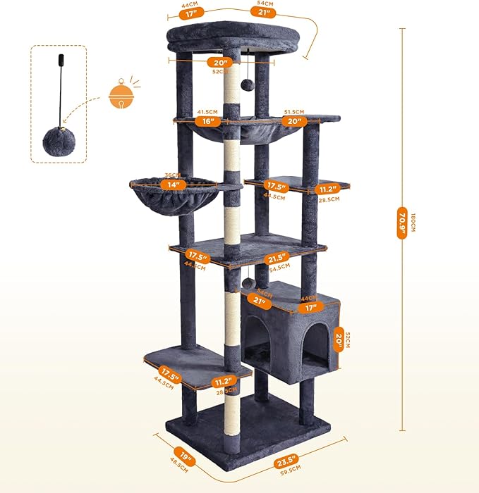 Made4Pets Tall Cat Tree, 71 Inches Cat Tree Tower for Indoor Cats Large Adult, Plush Multi-Level Cat Tower with 5 Scratching Posts, 2 Hammock, Condo and Perch, Big Cat House Indoor, Dark Grey
