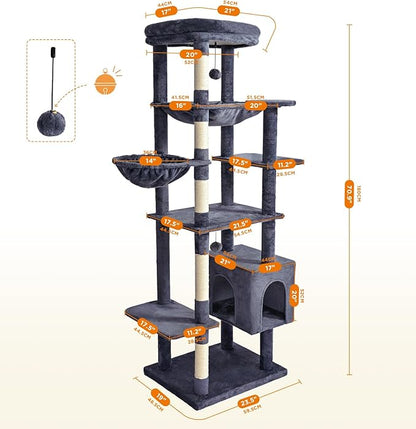 Made4Pets Tall Cat Tree, 71 Inches Cat Tree Tower for Indoor Cats Large Adult, Plush Multi-Level Cat Tower with 5 Scratching Posts, 2 Hammock, Condo and Perch, Big Cat House Indoor, Dark Grey