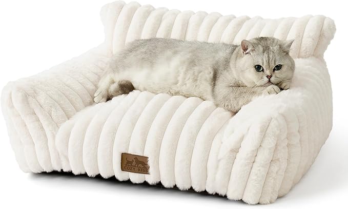 Cute Cat Couch, Premium Plush Faux Fur Pet Couch Bed, Ultra-Soft Pet Furniture for Cats & Small Dogs (Cream, S: 25.5''x17.5'')