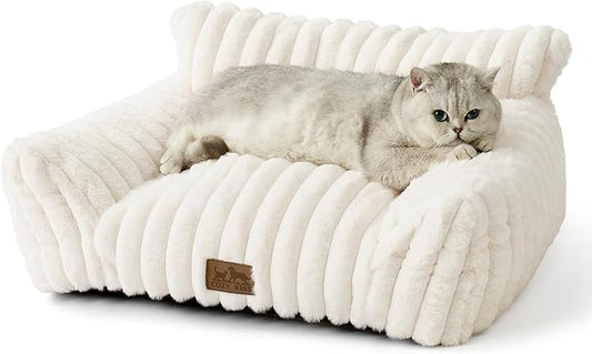 Cute Cat Couch, Premium Plush Faux Fur Pet Couch Bed, Ultra-Soft Pet Furniture for Cats & Small Dogs (Cream, S: 25.5''x17.5'')