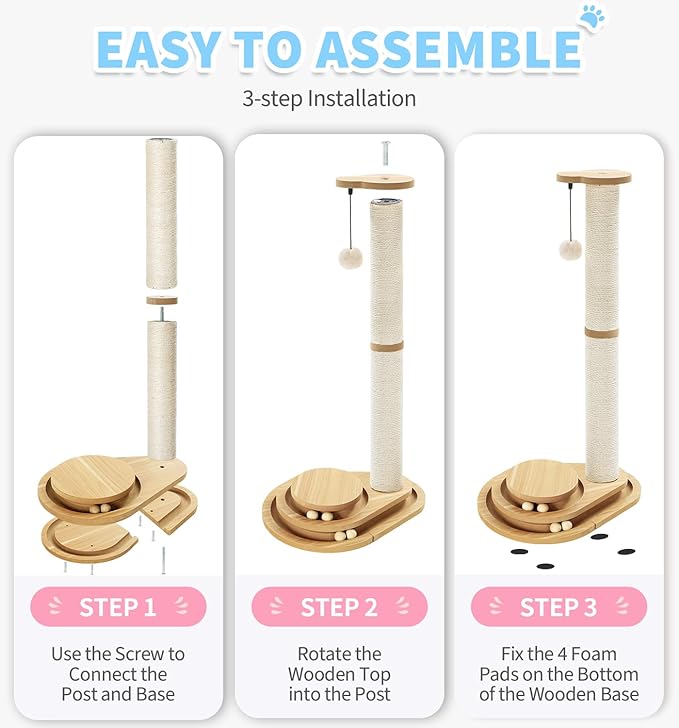 Made4Pets Cat Scratching Post Cat Scratcher Kitten Toys for Indoor Cats Wooden Ball Track Two-Layer Modern Sisal 32" Tall Scratch Post Interactive Toy with Dangling Ball Large Size