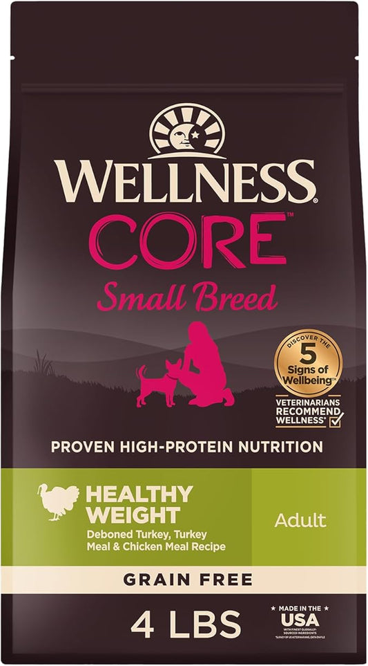 Wellness CORE Dry Dog Food, Small Breed, Grain-Free, High Protein, Natural, Healthy Weight Turkey & Chicken Recipe, (4-Pound Bag)