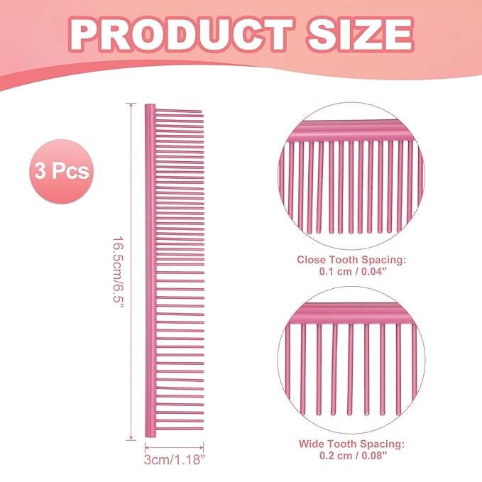 Dog Cat Comb, Pet Combs Stainless Steel Teeth with Rounded Ends for Knot Mat Loose Hair Removal, 6.5IN (Pink Coated, 3 Pack), Grooming Tool Intended for Long Curly Hair Pet