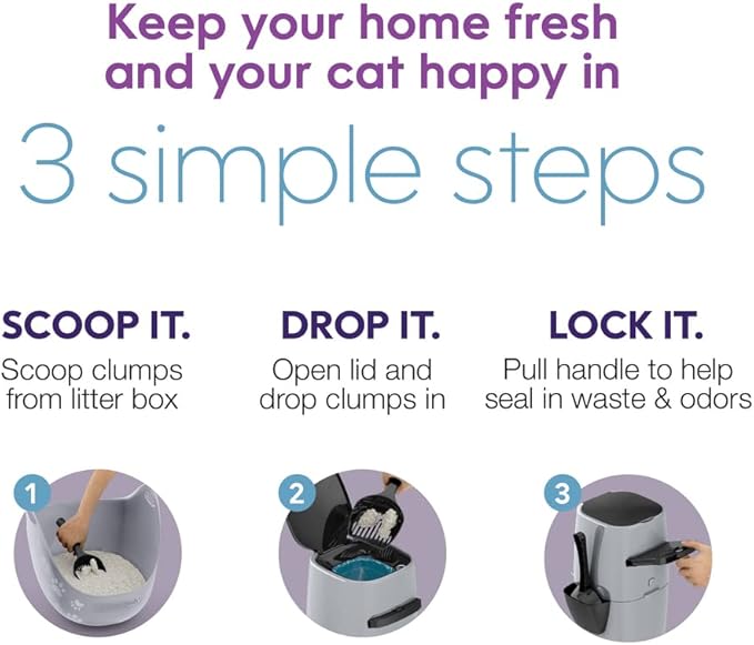 Litter Genie Standard Pail (Silver) | Cat Litter Box Waste Disposal System for Odor Control | Includes 1 Square Refill Bag