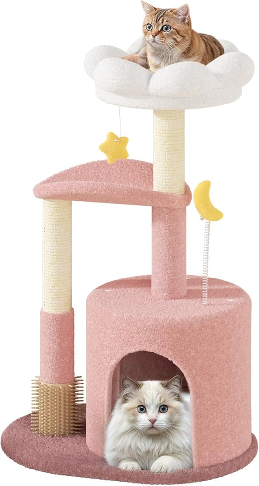 Athena Collection Small Cat Tree Condo with Sisal Scratching Post, 33 Inch Modern Cute Flower Cat Tree Tower with Cozy Perch Toy Ball for Indoor, Kittens, Pink