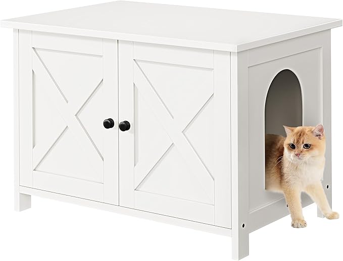 Shintenchi Cat Littler Box Enclosure, Litter Box Furniture Hidden with Removable Divider, Cat House with End Table, White