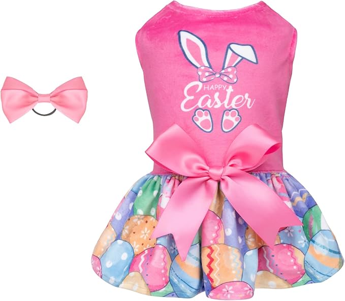CuteBone Happy Easter Eggs Dog Dress Velvet for Small Dogs Girl Pink Puppy Dresses Dog Clothes CVA18XS-D