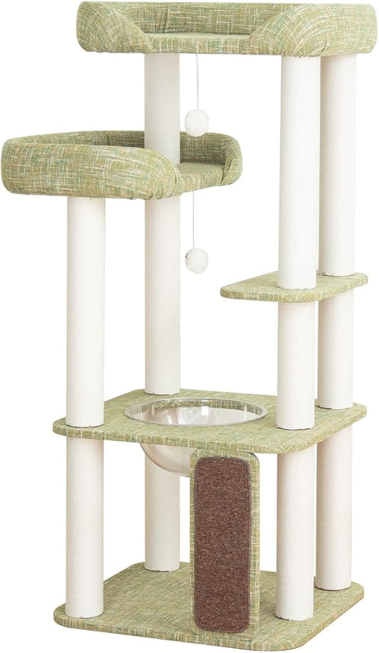 53'' Cat Tree for Large Cat, Modern Senior Friendly Cat Tower with Wide Shelves Low Step, Cotton Scratching Posts, Super Sturdy Base, Cozy Perches, and Interactive Toys (Green)