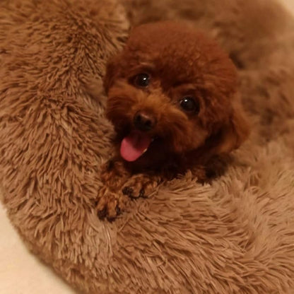 BODISEINT Faux Fur Dog Bed Cat Bed,Shag Round Anti-Anxiety Pet Calming Bed Doughnut Cuddler for Medium Large Puppy Dog Cat Kennel Cushion Self Warming Bed (28'' D x 8'' H, Coffee)