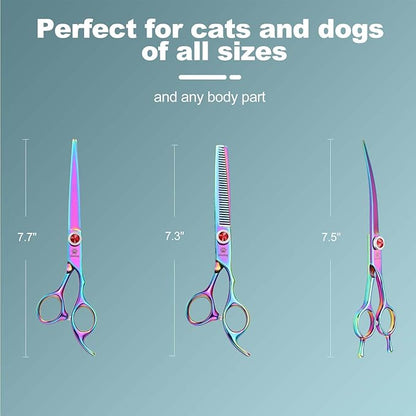 GLADOG 7 Inch Professional Dog Grooming Scissors Kit, 5-in-1 Titanium Coated Pet Grooming Shears Set, Heavy Duty Grooming Scissors for Dogs (Pro Rainbow)