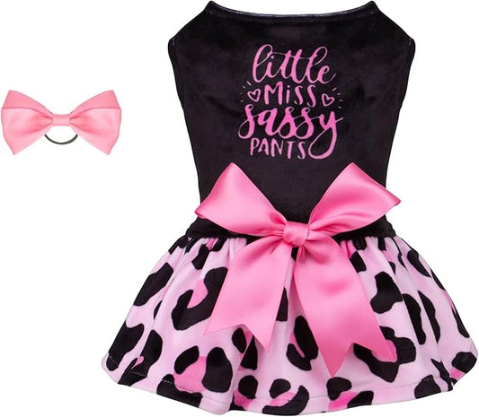 CuteBone Little Miss Sassy Pants Dog Leopard Print Dress Velvet for Small Dogs Girl Puppy Dresses Pink Dog Clothes CVA15XXS-D