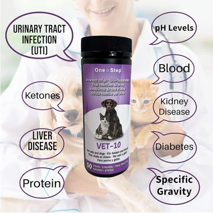 One Step Pet Urine Testing Strips, 50 x Urinalysis Parameter Tests for Dogs, Cats, Vets, Accurate Testing for Veterinarians, Detects UTI, Diabetes, Bladder, Kidney, Liver, SG, pH, Glucose