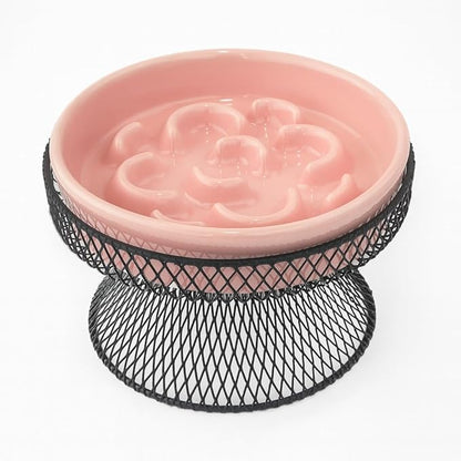 Raised Ceramic Cat Slow Feeder Bowl Elevated Food Bowl with Stand, Cat Slow Bowl for Wet Food and Dry Food, Whisker Friendly Pet Feeder for Kitty and Small Dog