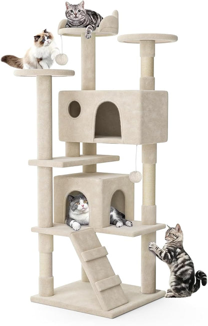 MoNiBloom 70 Inch Cat Tree Tower for Indoor Cats Large Adults, Tall Cat Tower with Scratching Post, Multi-Level Furniture Activity Center with Cat Condo Pet Play House, Beige