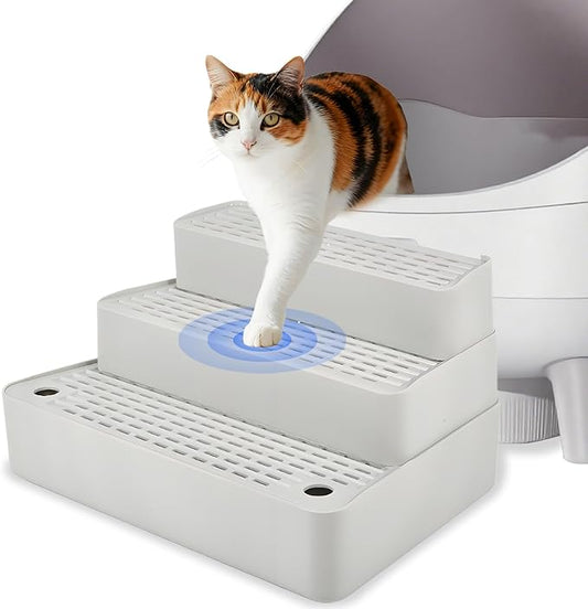 SpaceTime Adjustable Cat Ramp Cat Steps for Litter Box,Detachable Elevated Litter Mat Trapping Litter Box Mat with Filter Function for Floor,Non-Slip Catcher Stair for Small & Elderly Cats (Grey)