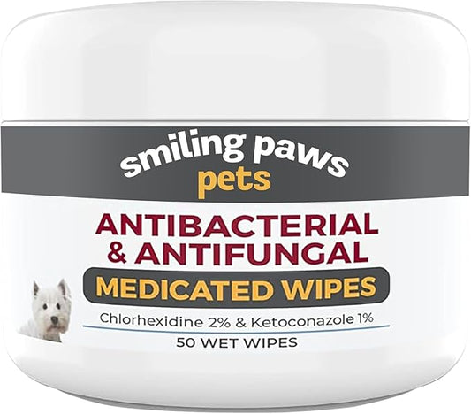 Smiling Paws Pets - Antibacterial & Antifungal Wipes for Dogs & Cats (with Chlorhexidine & Ketoconazole)