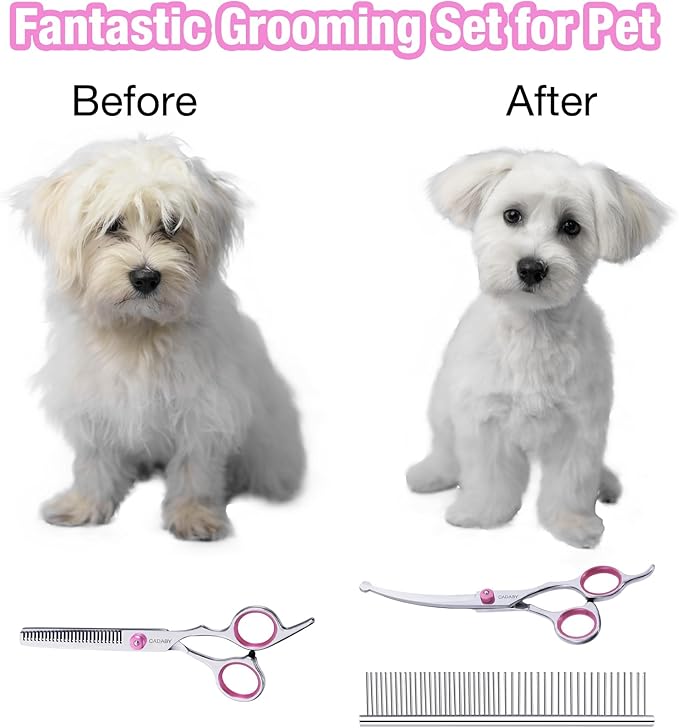 Dog Grooming Scissors Kit with Safety Round Tips, 3 in 1 Professional Dog Grooming Scissors, 4CR Stainless Steel Pet Grooming Shears, Sharp and Durable, Pink