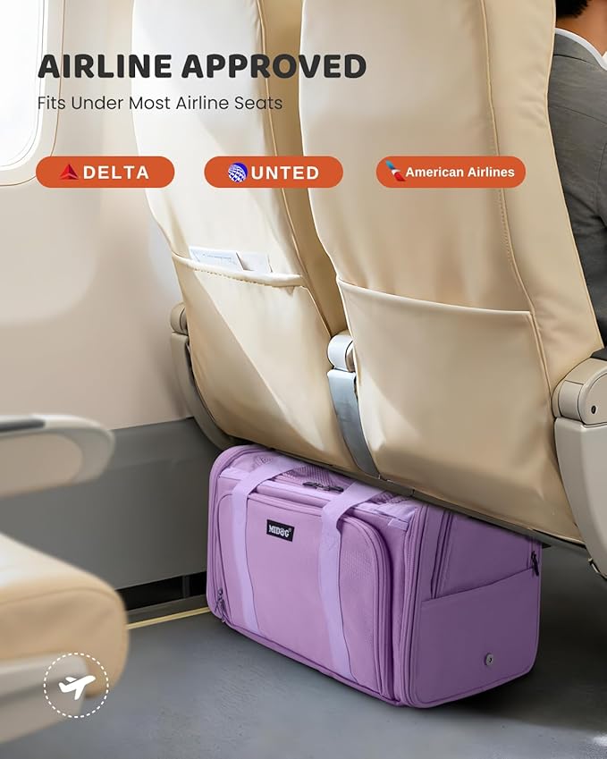 MIDOG Cat Carrier Soft, TSA Approved Airline Travel Carrier for Cats and Small Dogs, Under Seat Pet Bag with Expandable Space & Escape-Proof Zippers (Lavender)
