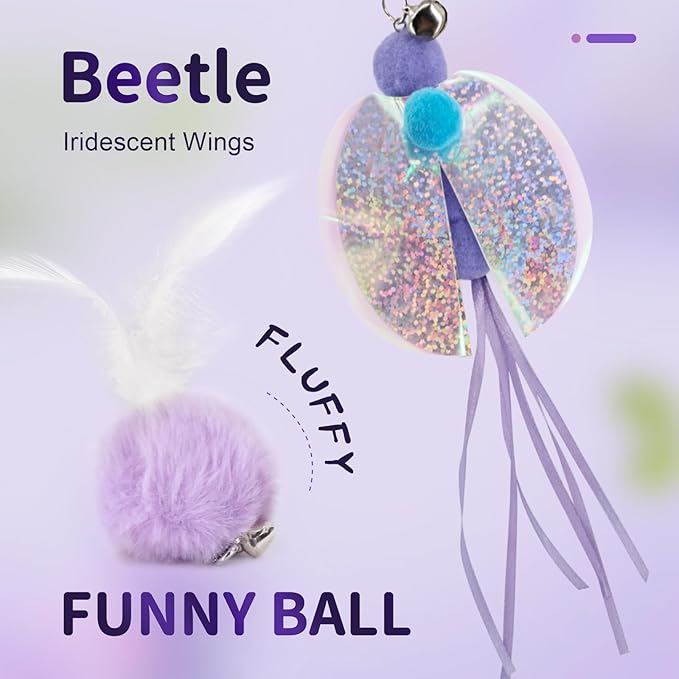 SONGWAY Cat Wand Toys for Indoor Cats - Cat Toy Set with Retractable Teaser Wand and 6 PCS Fairy Feather Toy Refills, Dragonfly Tassel Plush Cat Toys Interactive, Purple
