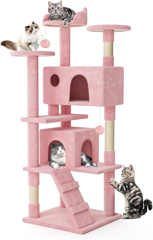 MoNiBloom 70 Inch Cat Tree Tower for Indoor Cats Large Adults, Tall Cat Tower with Scratching Post, Multi-Level Furniture Activity Center with Cat Condo Pet Play House, Soft Pink