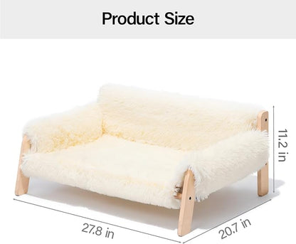MEWOOFUN Cat Couch Bed, Pet Sofa for Indoor Cats Wooden Indoor Elevated Cat Beds with Removable Mattress Cover Suitable for Kitty, Puppy or Small Animal (Beige, Large)