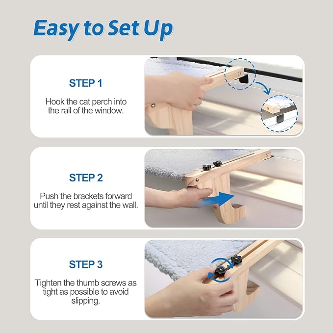 Zakkart 2PC Easy Seat Cat Perch for Window Sill - Hammock Design w/Pine Wood & Robust Metal Frame - Cat Window Seat for Large Cats and Kittens (Dark Stained Wood w/Gray Bed, Medium (23''W x 14''D))