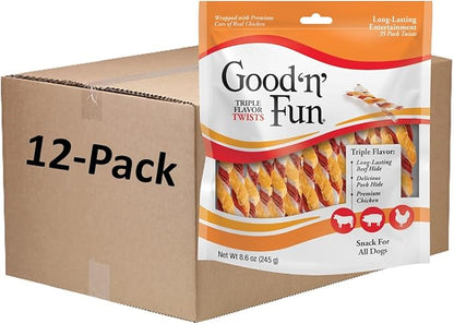 Good 'n' Fun Triple Flavor Twists, Treat Your Dog to Premium Cuts of Real Meat with Rawhide