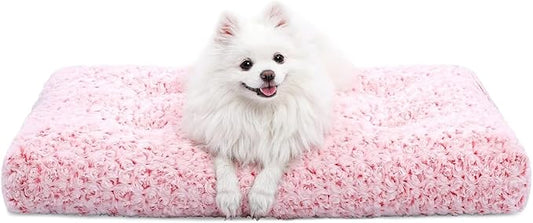 KSIIA Washable Dog Bed Deluxe Plush Dog Crate Beds Comfy Kennel Pad Anti-Slip Pet Sleeping Mat for Large, Jumbo, Medium, Small Dogs Breeds, 23" x 18", Pink
