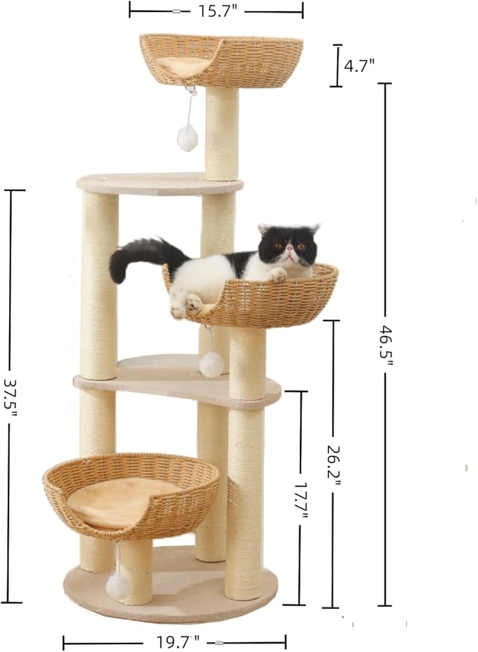 SHENGOCASE Modern Cat Tree Tower, Wooden Condo, 3 Large Rattan Wicker Basket Beds, Window Perch for Cats up to 20 lbs