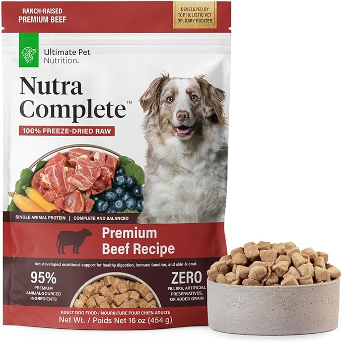 ULTIMATE PET NUTRITION Nutra Complete, 100% Freeze Dried Raw Veterinarian Formulated Dog Food with Antioxidants Prebiotics and Amino Acids (1 Pound, Beef)