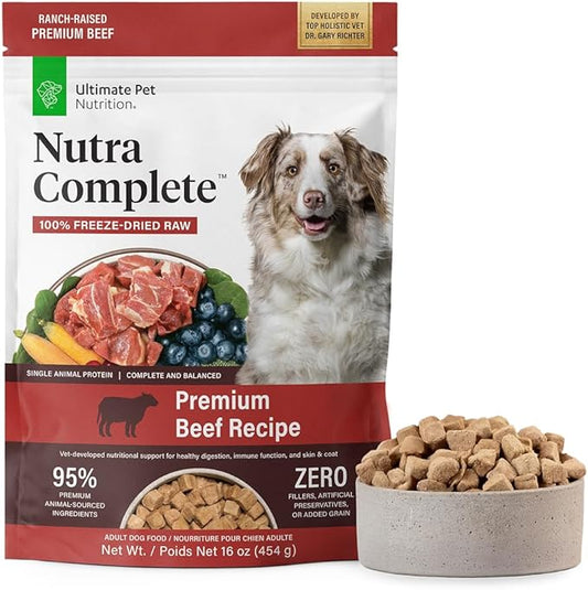 ULTIMATE PET NUTRITION Nutra Complete, 100% Freeze Dried Raw Veterinarian Formulated Dog Food with Antioxidants Prebiotics and Amino Acids (1 Pound, Beef)