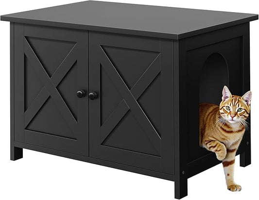 Shintenchi Cat Littler Box Enclosure, Litter Box Furniture Hidden with Removable Divider, Cat House with End Table, Black