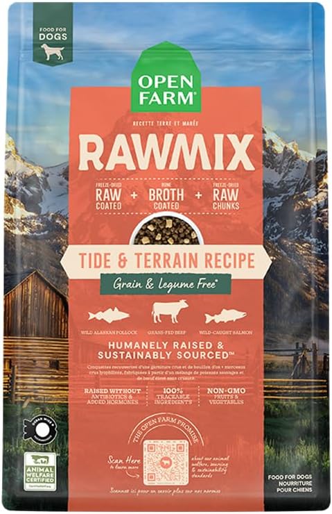 Open Farm, RawMix Grain-Free Dry Dog Food, Protein-Packed Kibble Coated in Bone Broth with Freeze Dried Raw Chunks, Pollock Beef & Salmon, Tide & Terrain Recipe, 3.5lb Bag