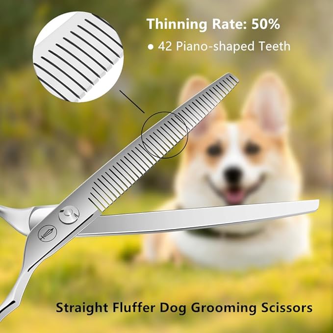 HASHIMOTO Straight Fluffer Scissors for Dog Grooming, 42 Teeth, 50% Thinning Rate, 7.0 inch, Light Weight, Designed to Remove Bulk Quickly While Leaving a Natural Finish for Groomers.