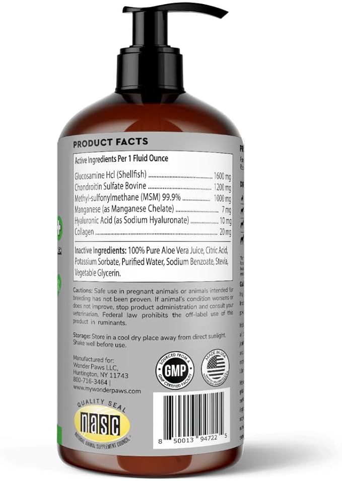 WONDER PAWS Premium Liquid Glucosamine for Dogs Strength Joint Support, Flexibility, Cartilage & Mobility - Hip and Joint Supplement with Chondroitin, MSM, Collagen & Hyaluronic Acid (32 Oz)